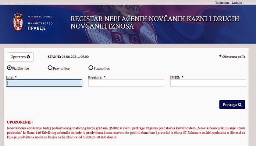 registar neplacenih kazni